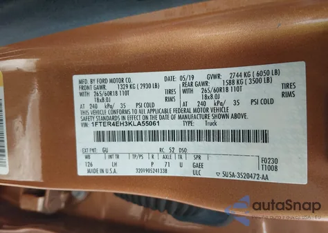 2019 Ford Ranger Xlt z USA, uszkodzony, nr VIN 1FTER4EH3KLA55061